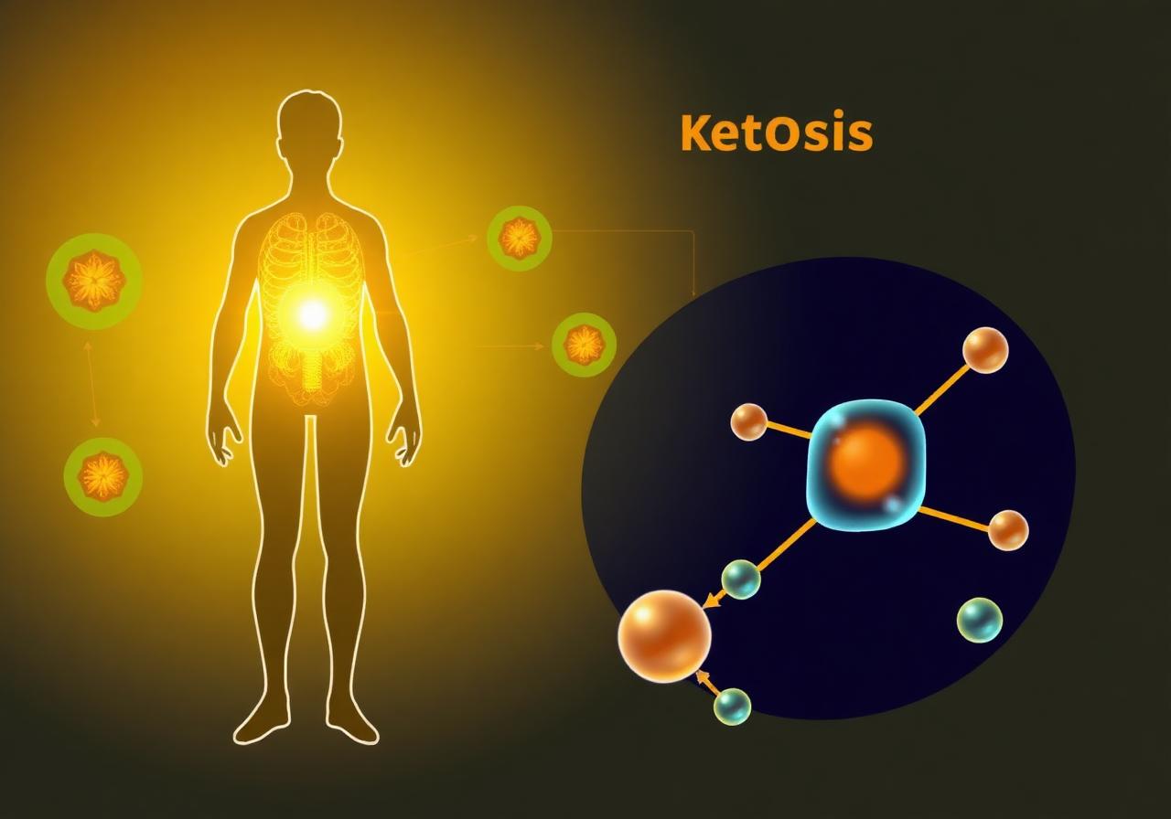 Diagram showing the ketosis process and BHB ketone molecule