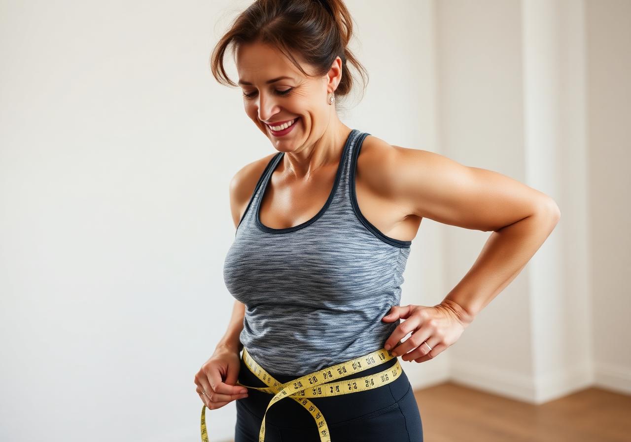 Woman measuring smaller waistline after using LuxOvia BHB Burn Gummies